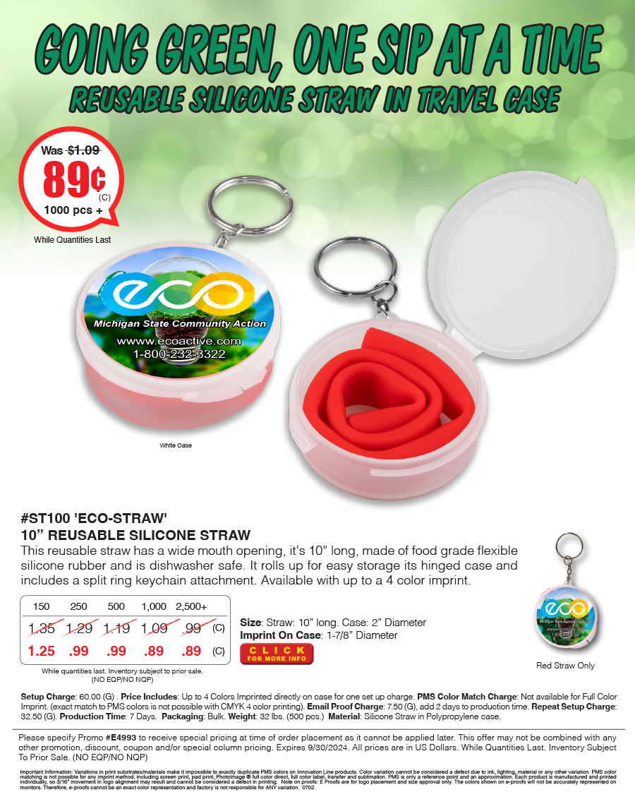 Full Color Imprint ST100 Eco-Straw - 10 inch Reusable Silicone Straw