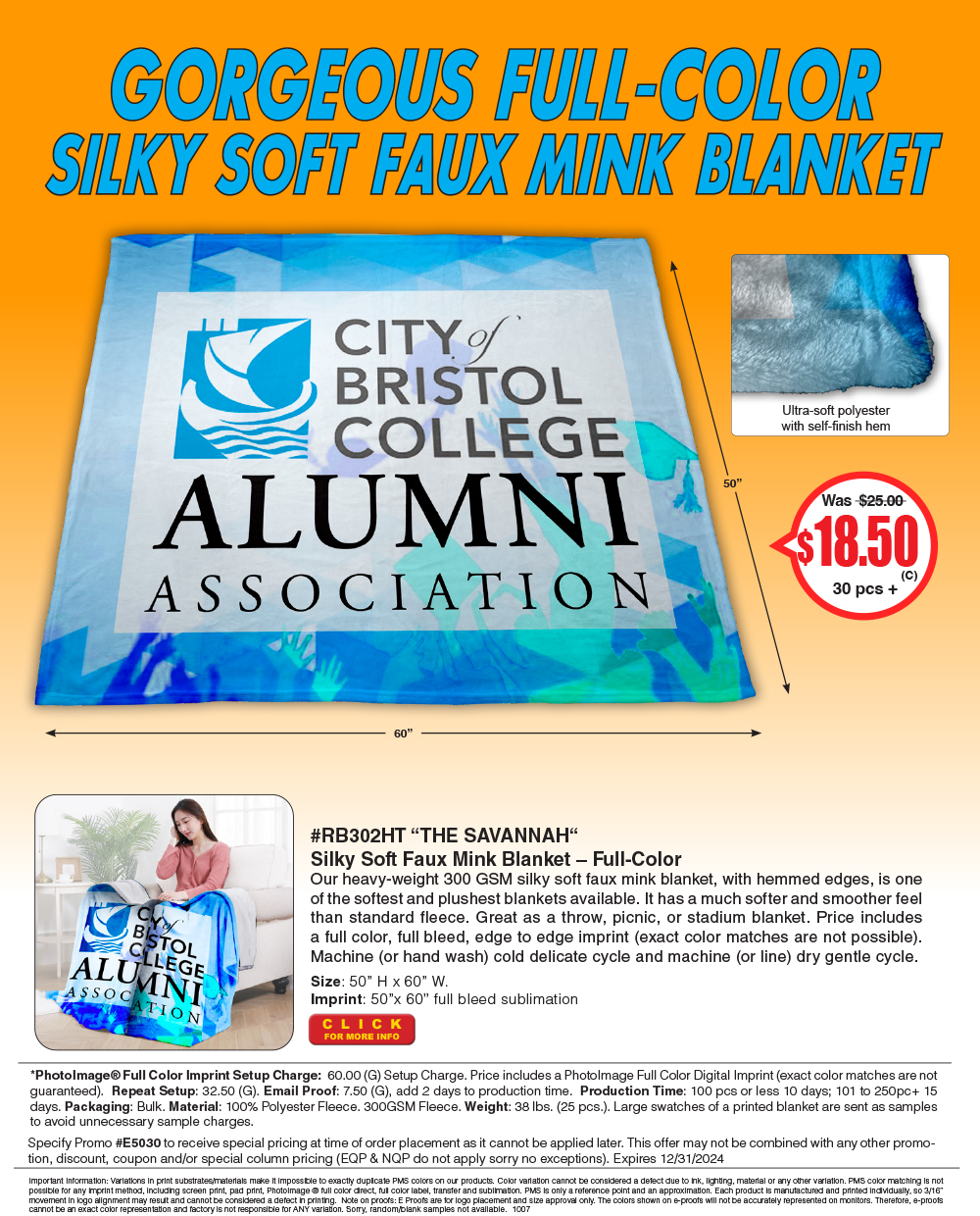 #RB302HT - The Savannah -  Silky Soft Faux Mink Blanket � Full Color