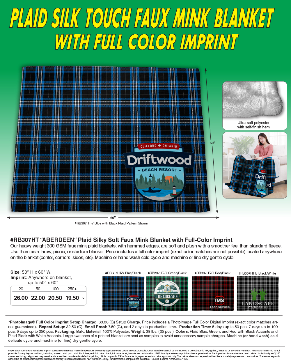 #RB307HT - The Savannah -  Silky Soft Faux Mink Blanket � Full Color