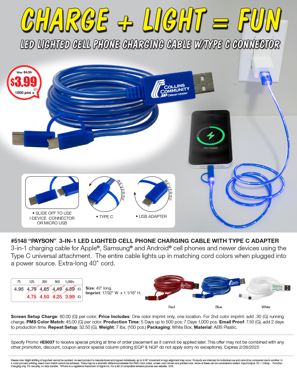 5148 3-in-1 LED Lighted Cell Phone Charging Cable with Type C Adapter