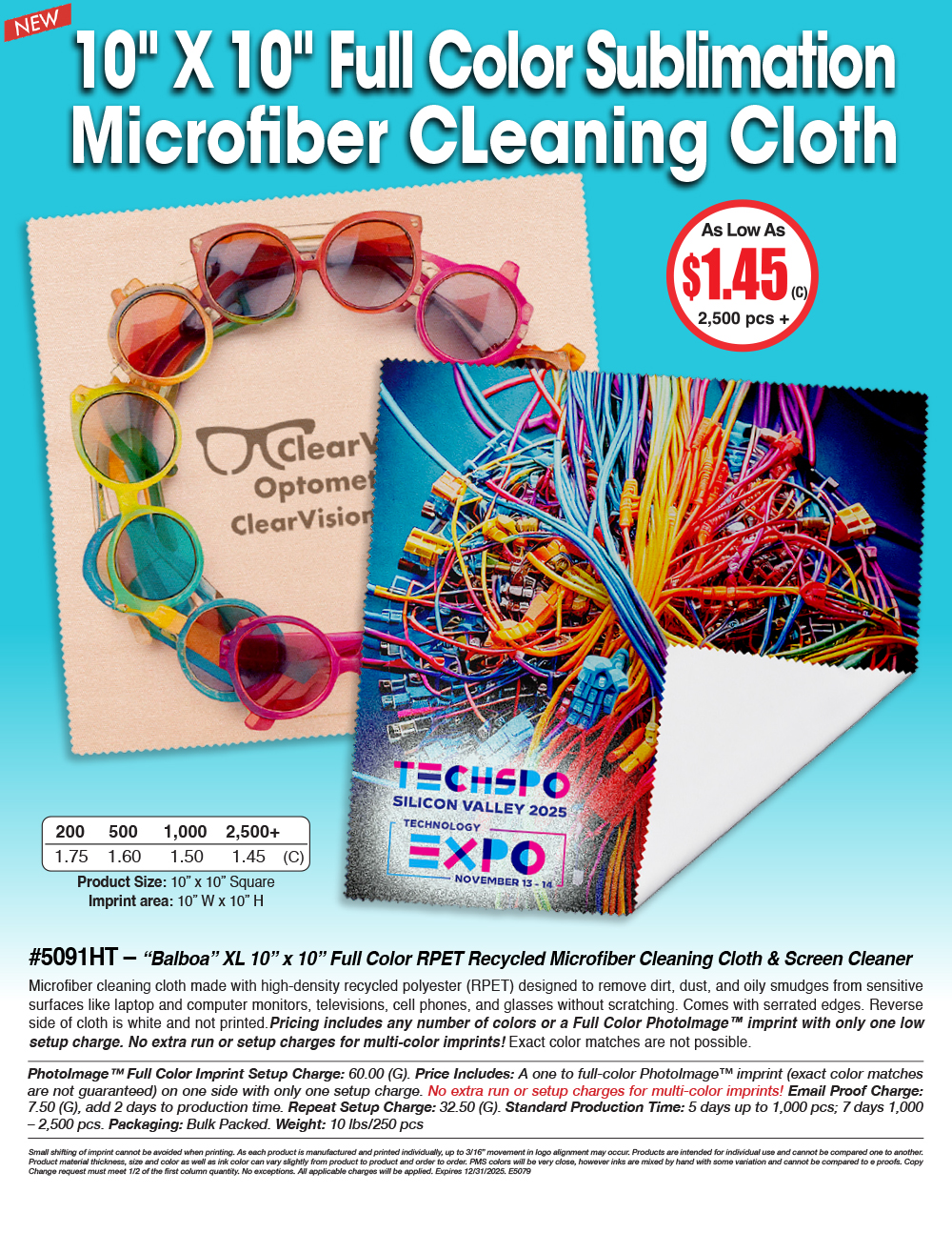 5091HT � �Balboa� XL 10� x 10� Full Color RPET Recycled Microfiber Cleaning Cloth & Screen Cleaner