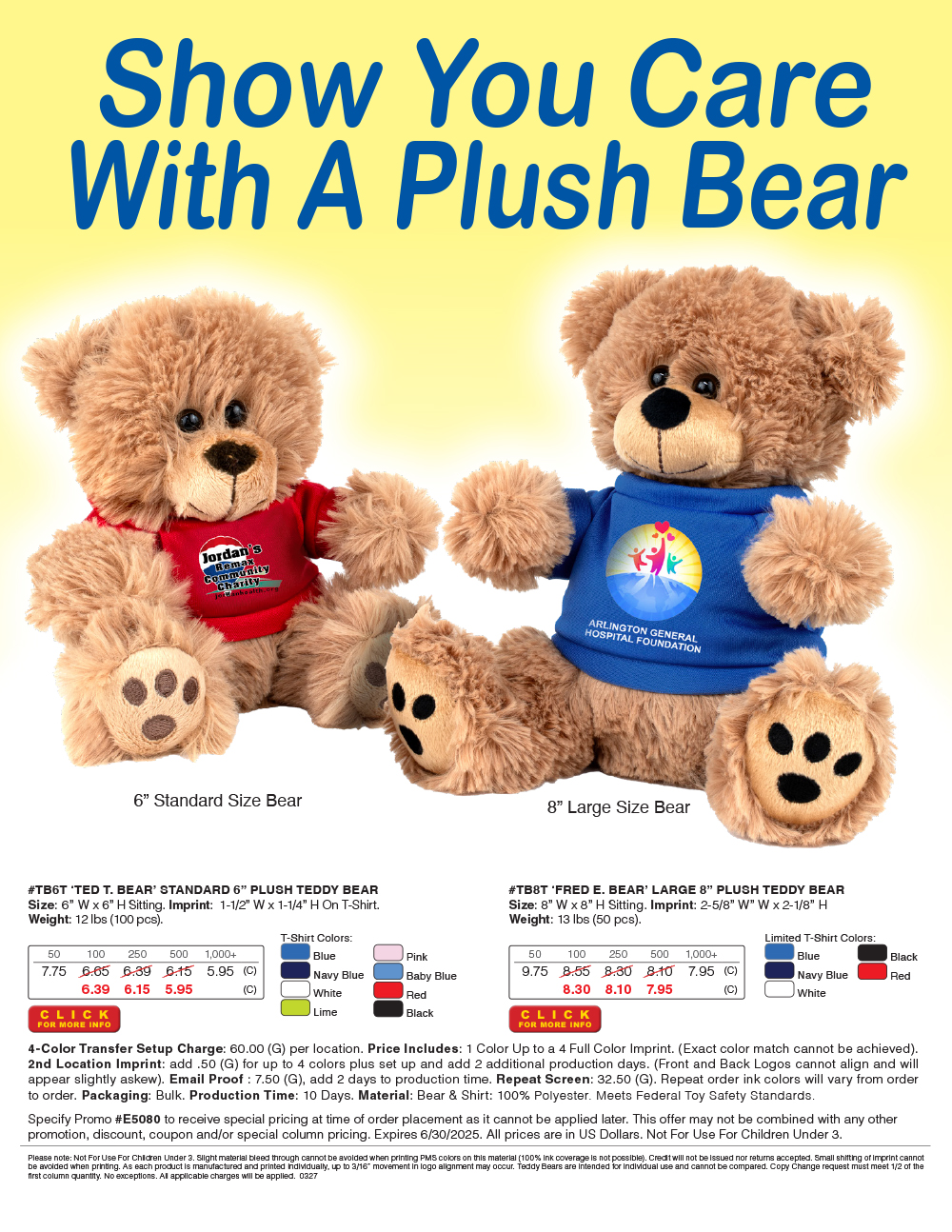 #TB6T  TB8T Plush Teddy Bear with Choice of T-Shirt Color