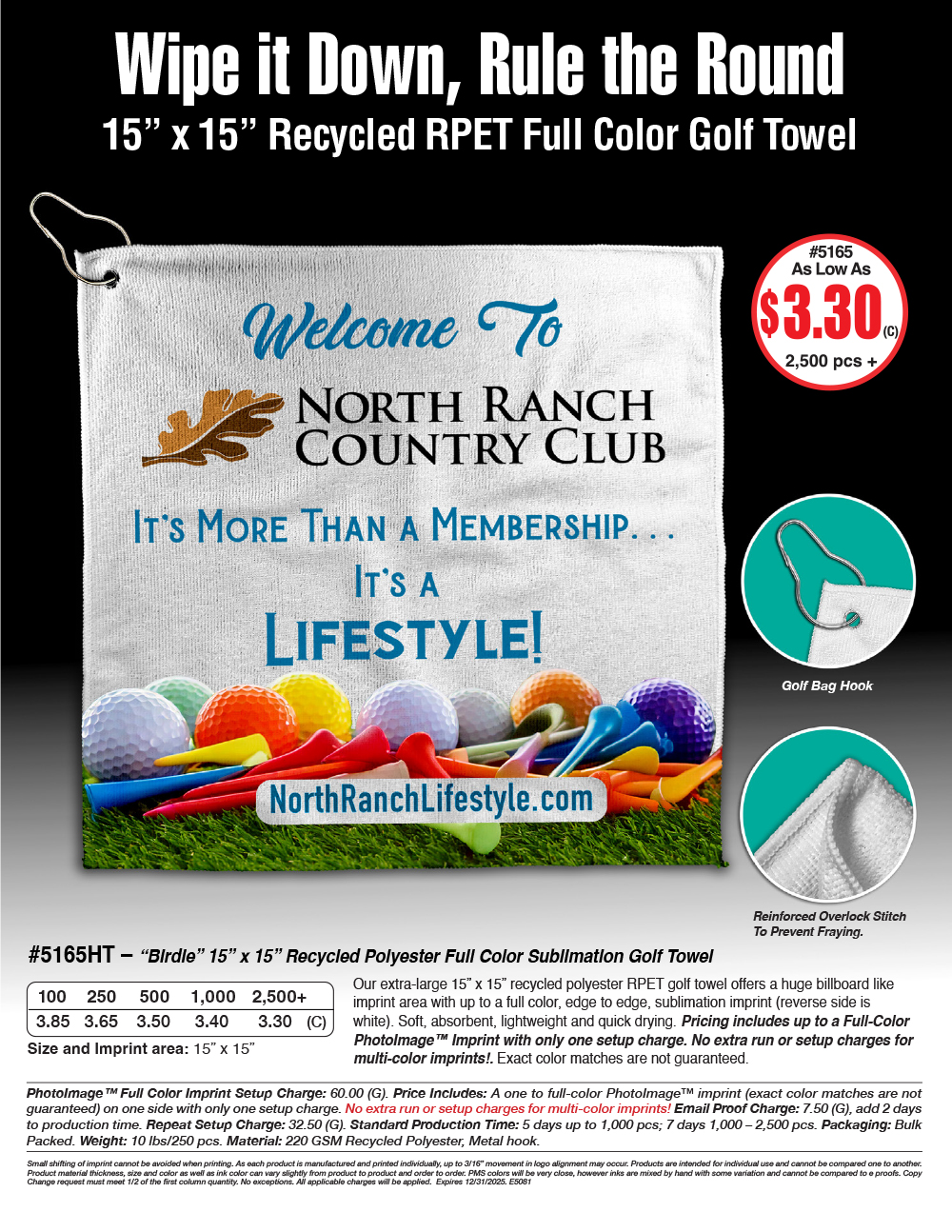 5165 Recycled Polyester Full Color Sublimation Golf Towel