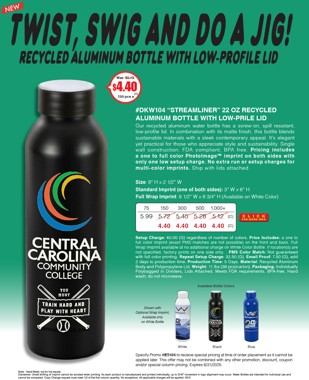 DKW104 STREAMLINER - 22 Oz Recycled Aluminum Bottle With Low-Prile Lid