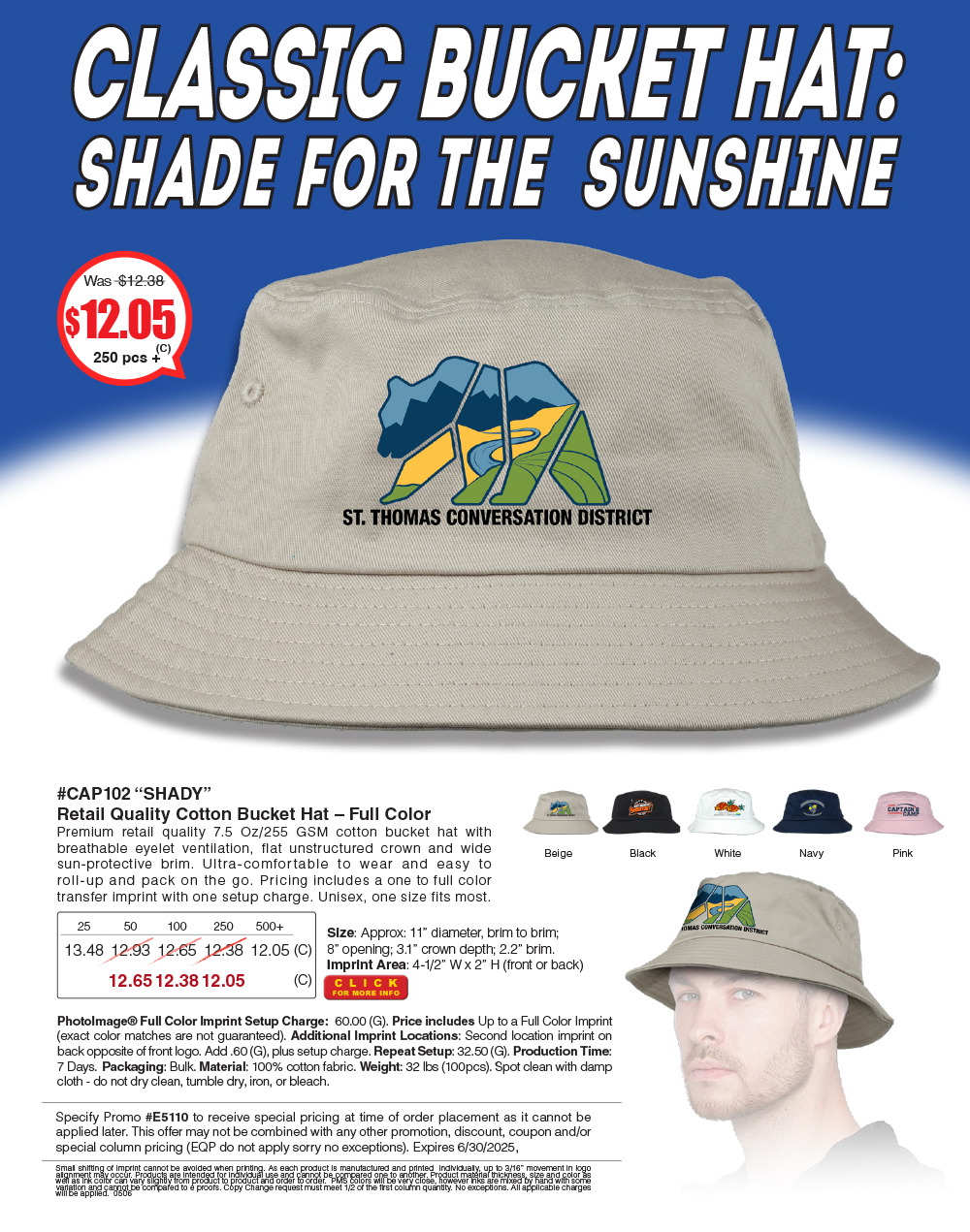 CAP102 SHADY - Full Color Imprint Cotton Bucket Hat