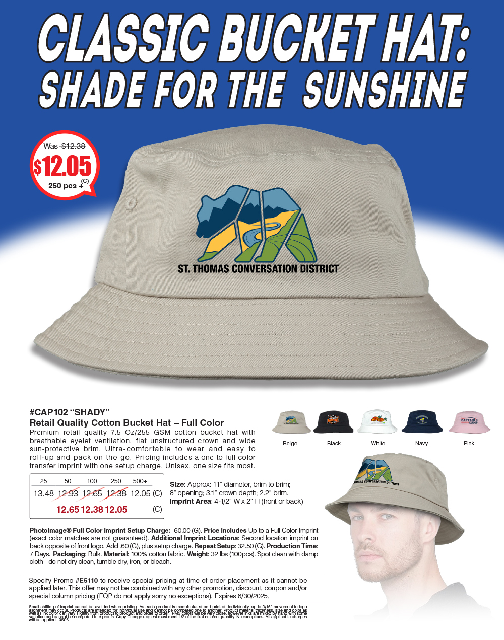 CAP102 SHADY - Full Color Imprint Cotton Bucket Hat