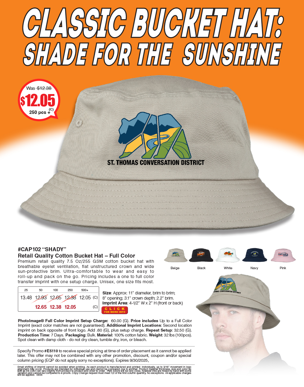 CAP102 SHADY - Full Color Imprint Cotton Bucket Hat