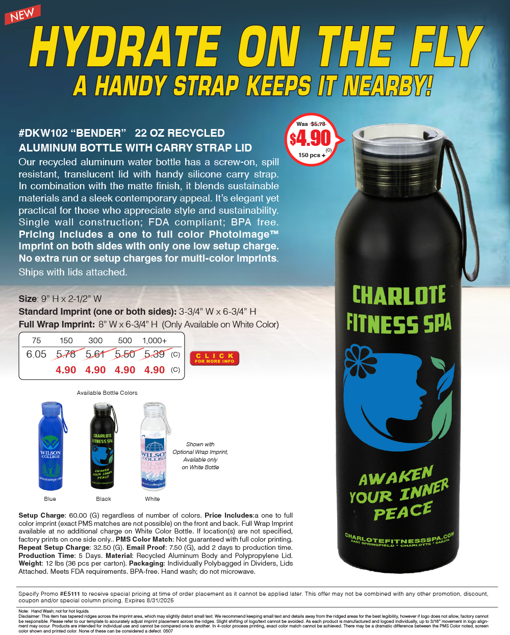 DKW102 BENDER - 22 Oz Recycled Aluminum Bottle with Carry Strap Lid