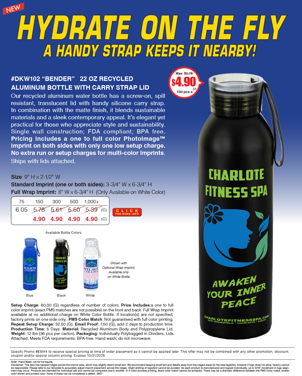 DKW102 BENDER - 22 Oz Recycled Aluminum Bottle with Carry Strap Lid