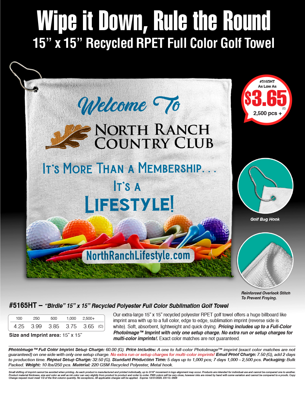 5165HT Recycled Polyester Full Color Sublimation Golf Towel