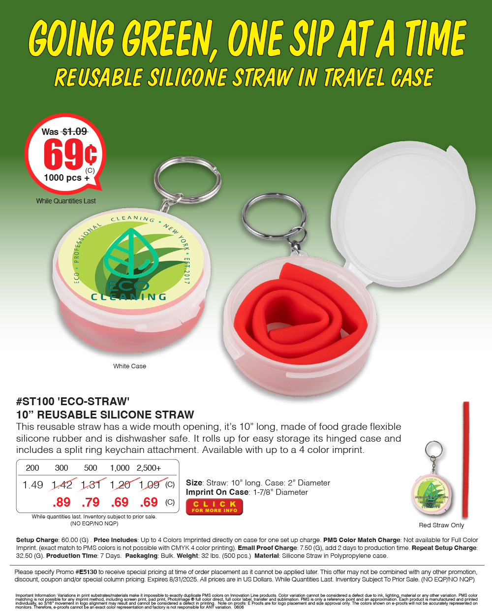 Full Color Imprint ST100 Eco-Straw - 10 inch Reusable Silicone Straw