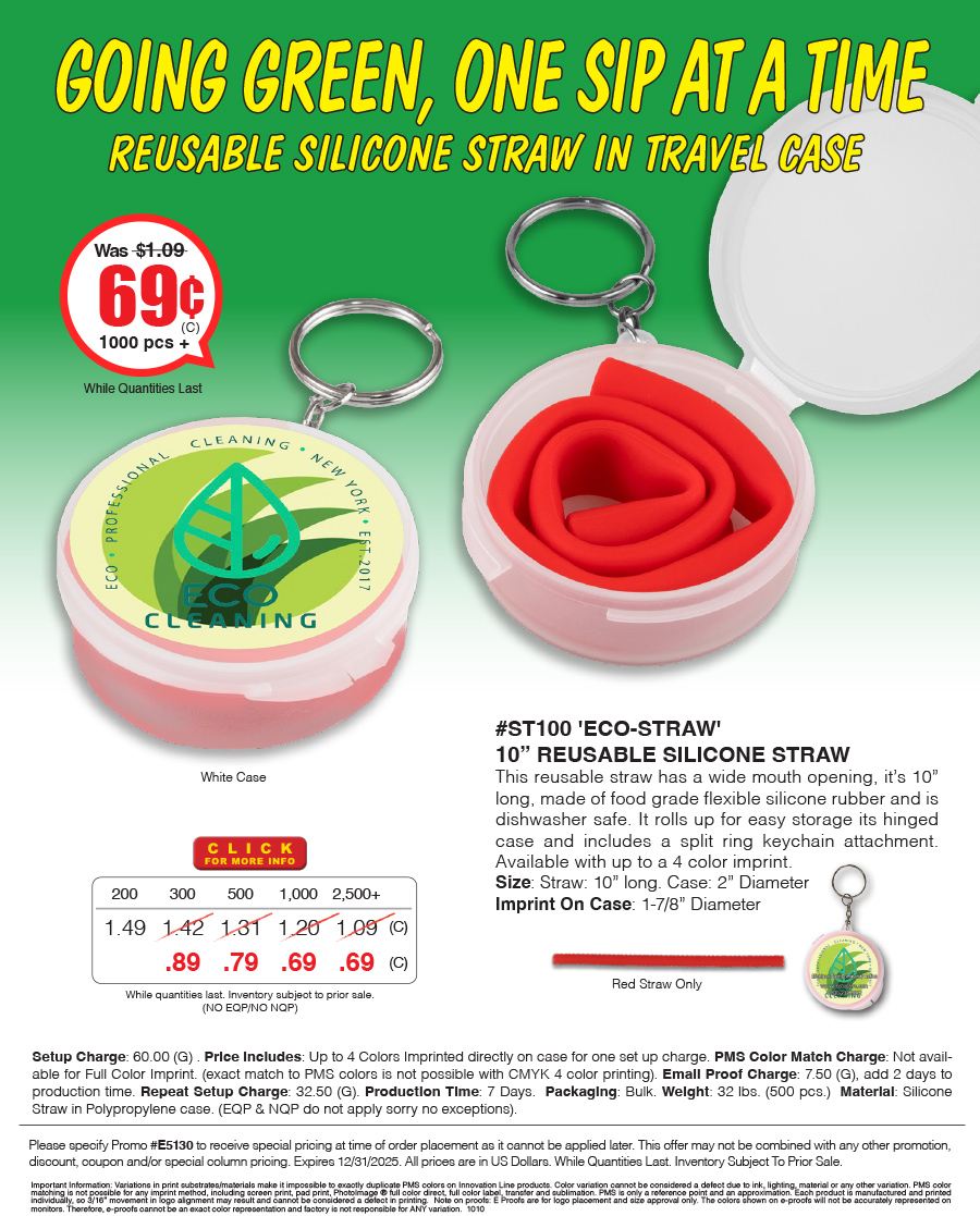 Full Color Imprint ST100 Eco-Straw - 10 inch Reusable Silicone Straw