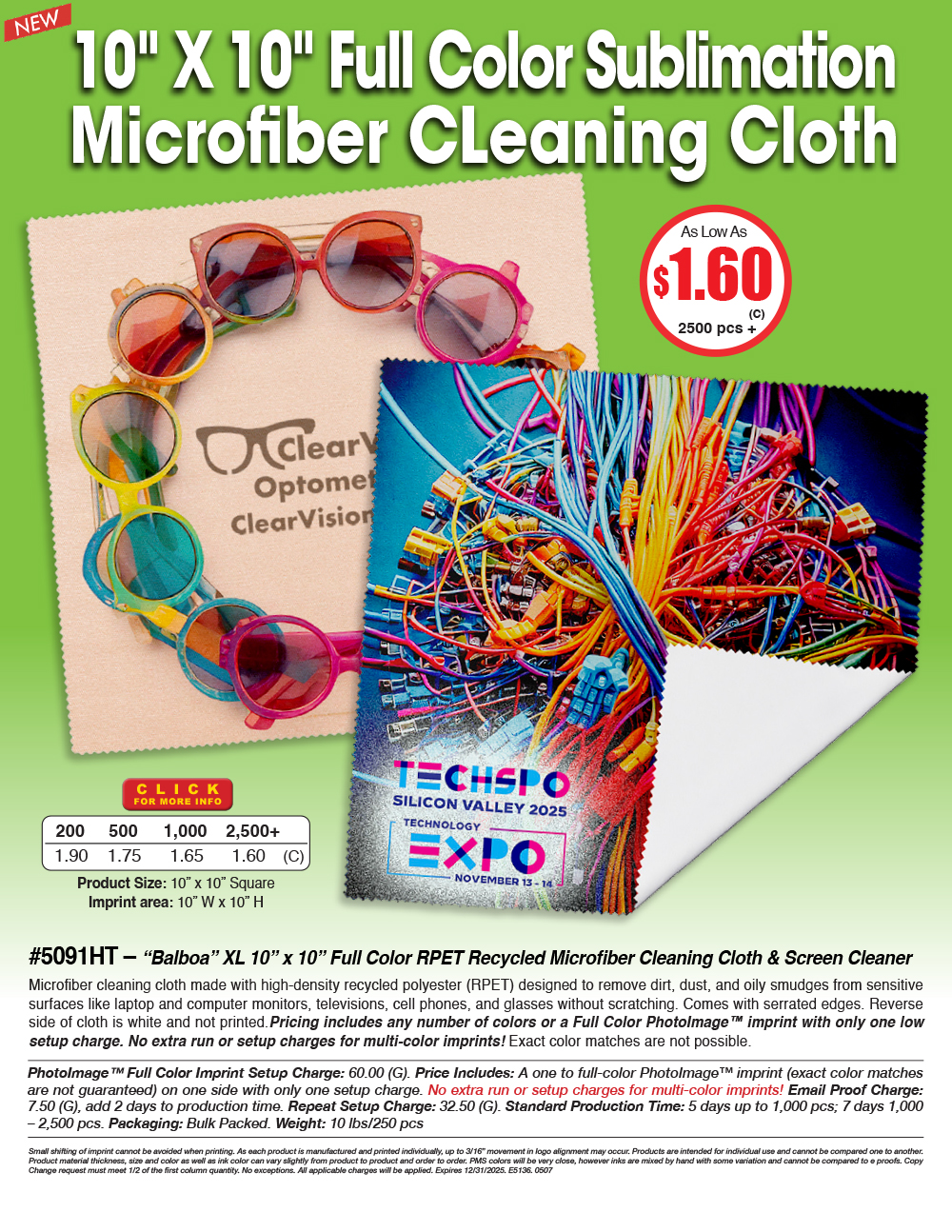 5091HT  Balboa XL 10 x 10 Full Color RPET Recycled Microfiber Cleaning Cloth & Screen Cleaner