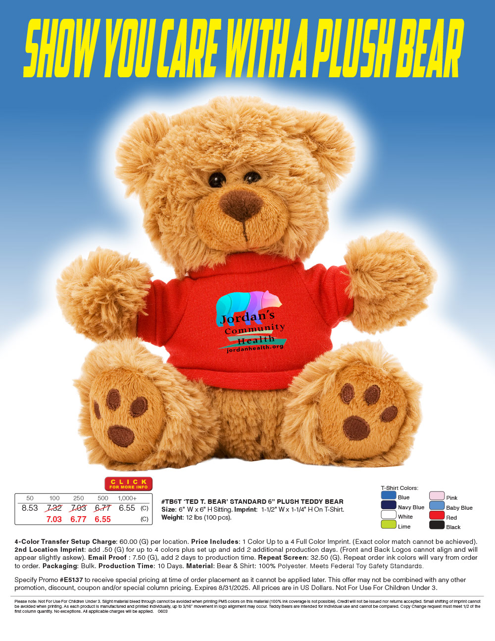 #TB6T  6in Plush Teddy Bear with Choice of T-Shirt Color