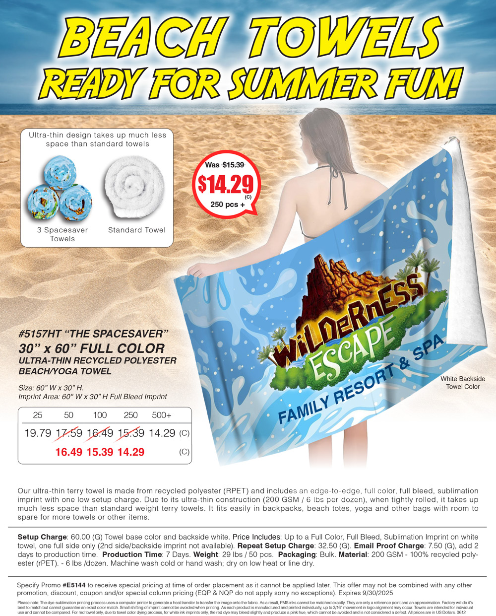 5157HT The SPACESAVER - 30 in x 60 in FULL COLOR ULTRA-THIN RECYCLED POLYESTER BEACH/YOGA TOWEL