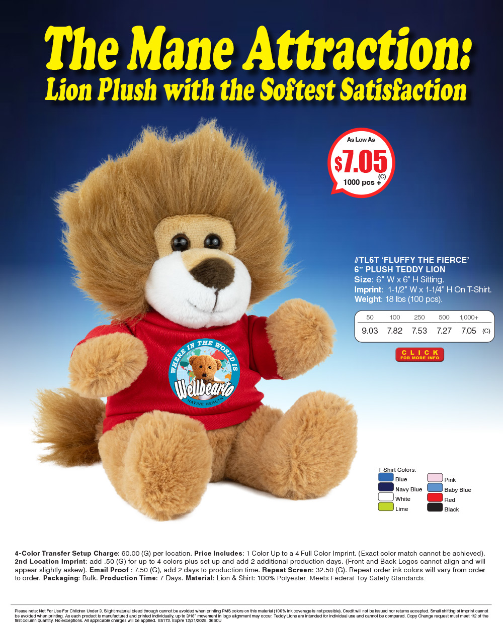 TL6T Plush Teddy Lion with Choice of T-Shirt Color