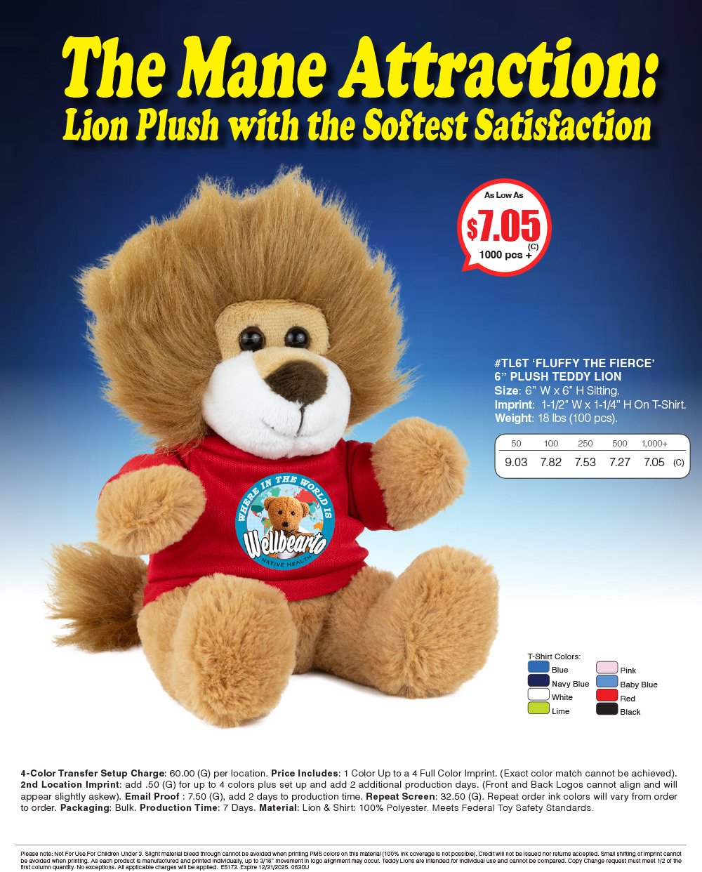 TL6T Plush Teddy Lion with Choice of T-Shirt Color