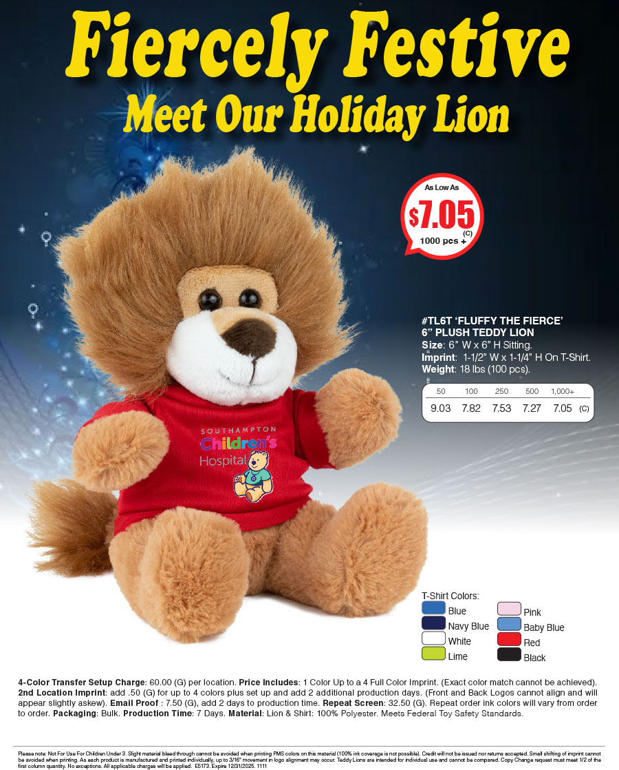 TL6T Plush Teddy Lion with Choice of T-Shirt Color
