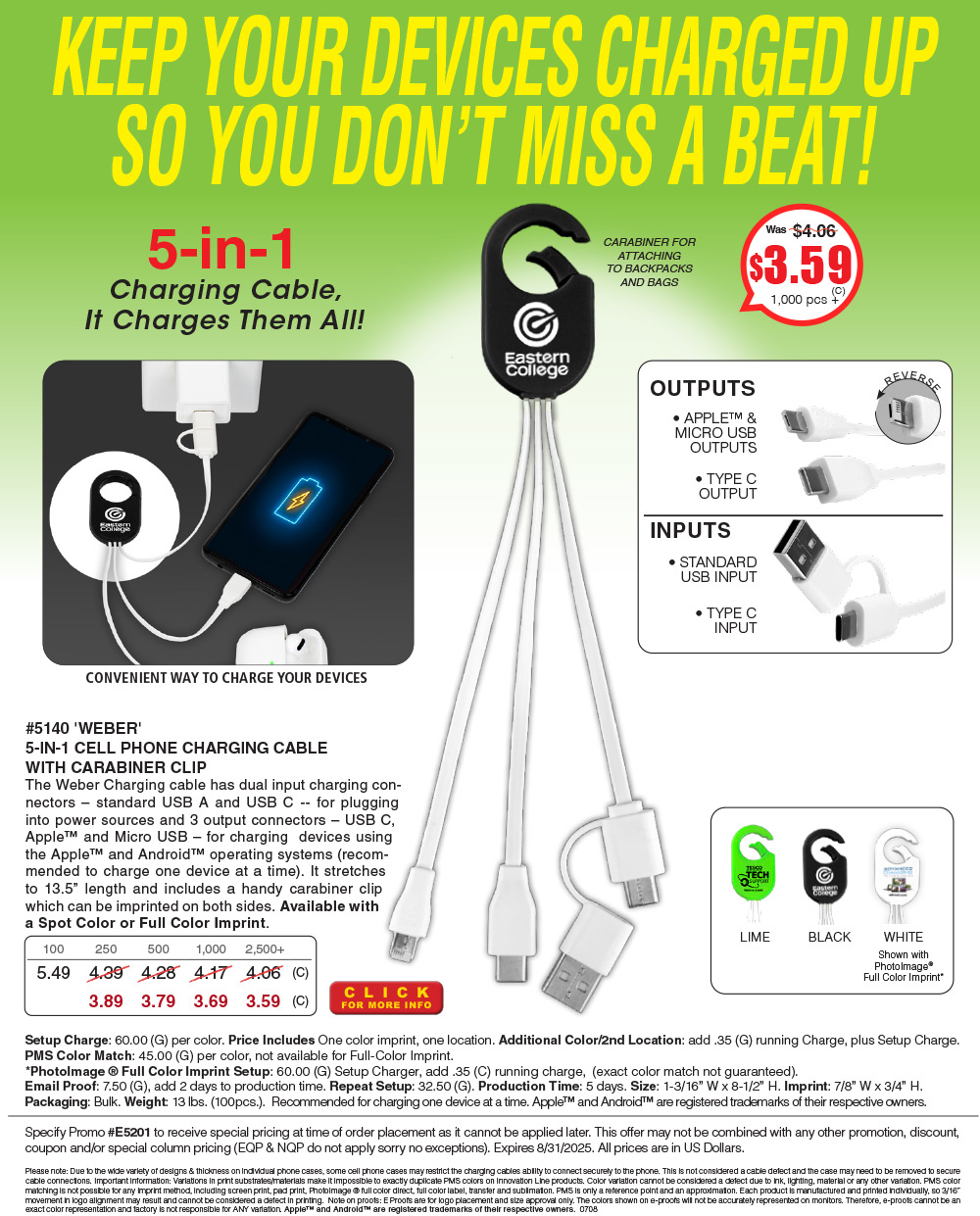 #5140 5-in-1 Cell Phone Charging Cable with Type C Adapter and Carabiner Type Spring Clip