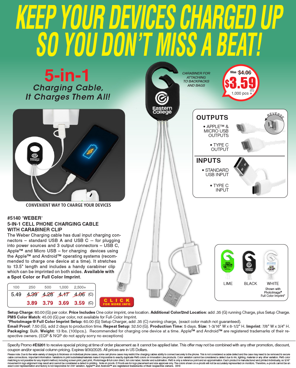 #5140 5-in-1 Cell Phone Charging Cable with Type C Adapter and Carabiner Type Spring Clip