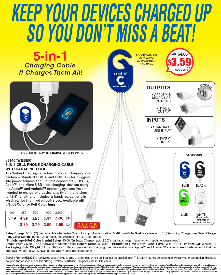 #5140 5-in-1 Cell Phone Charging Cable with Type C Adapter and Carabiner Type Spring Clip
