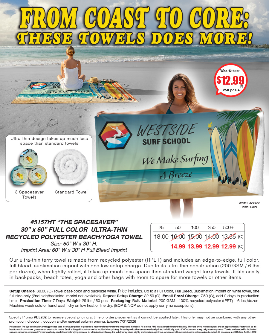 5157HT The SPACESAVER - 30 in x 60 in FULL COLOR ULTRA-THIN RECYCLED POLYESTER BEACH/YOGA TOWEL
