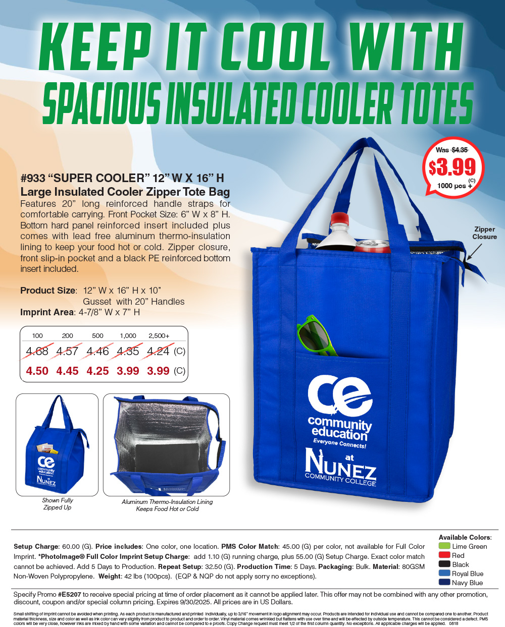 933 80GSM Non-Woven Large Zippered  Insulated -Super Cooler- Tote Bag