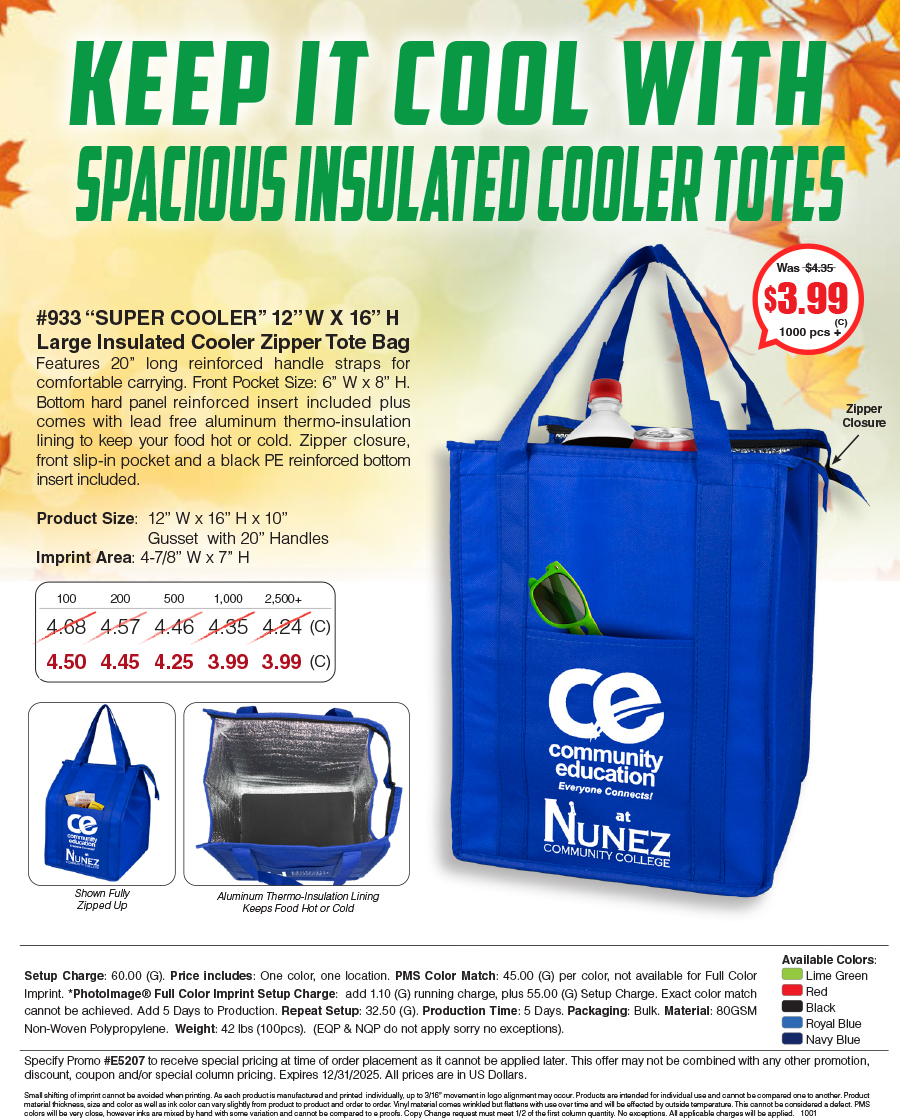 933 80GSM Non-Woven Large Zippered  Insulated -Super Cooler- Tote Bag