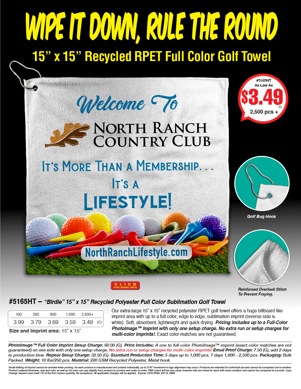 5165HT Recycled Polyester Full Color Sublimation Golf Towel
