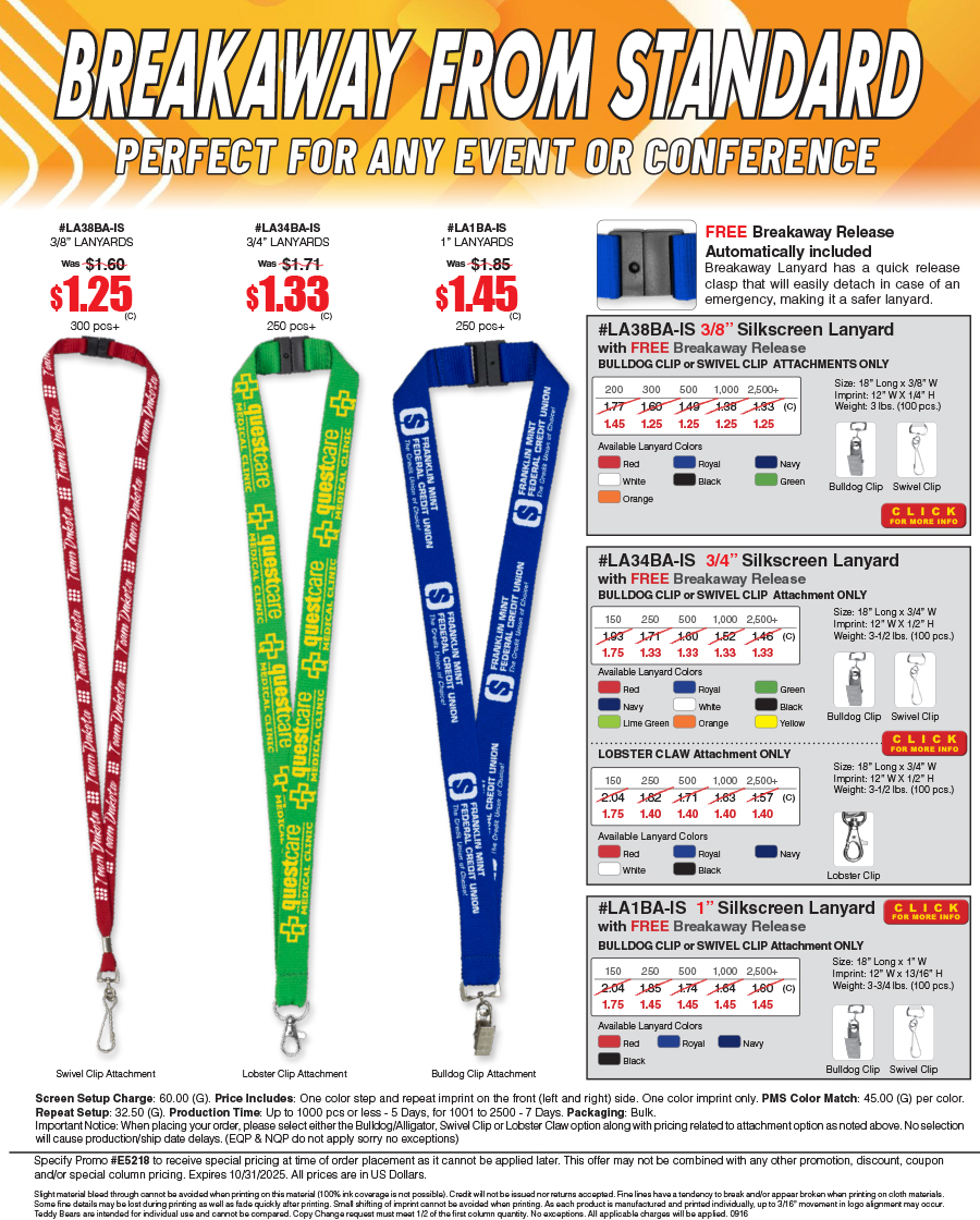 #LA38BA-IS #LA34BA-IS #LA1BA-IS Silkscreen Lanyard with FREE Breakaway Release