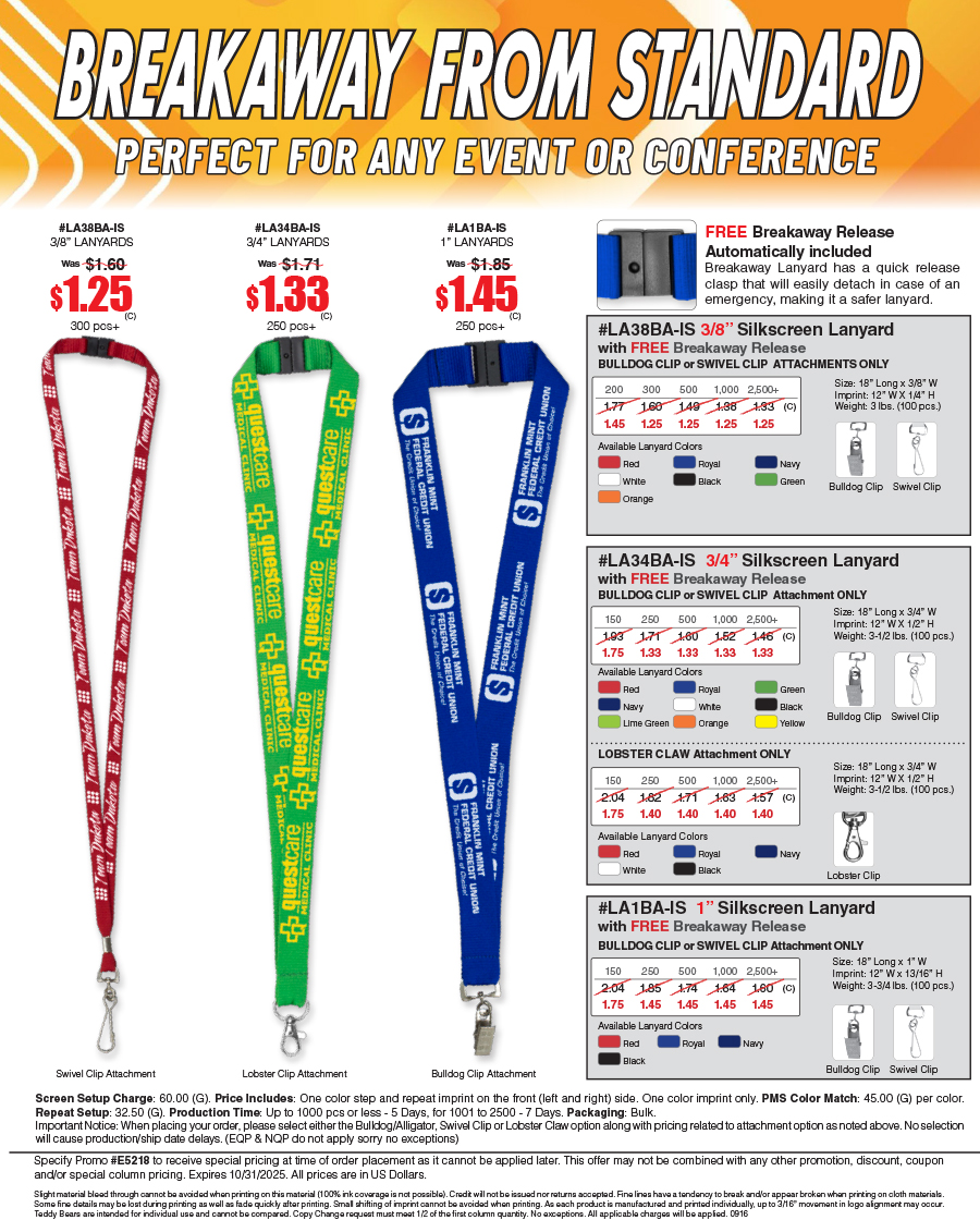 #LA38BA-IS #LA34BA-IS #LA1BA-IS Silkscreen Lanyard with FREE Breakaway Release