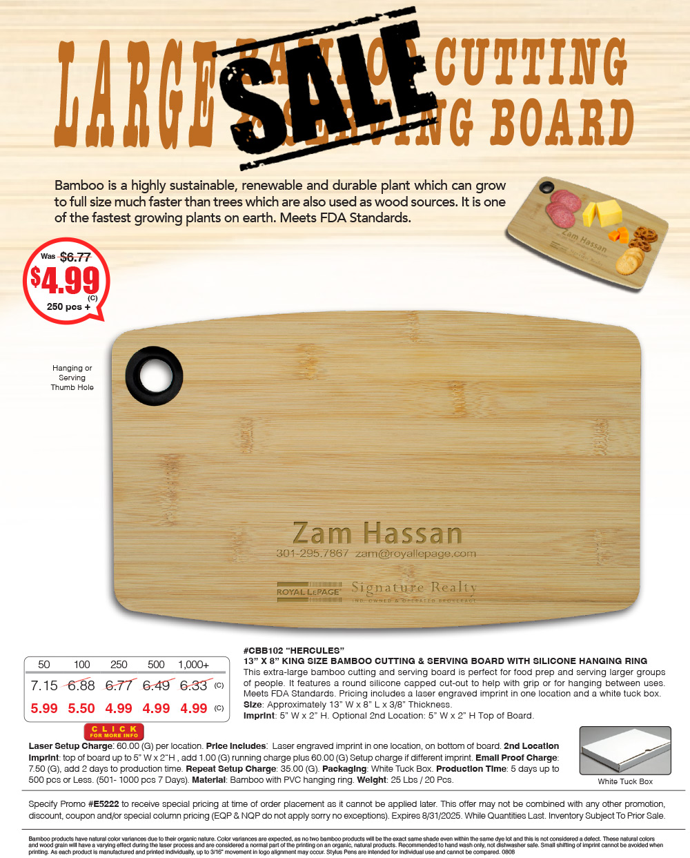 CBB102 - 13 in. x 8 in. King Size Bamboo Cutting and Serving Board with Silicone Hanging Ring