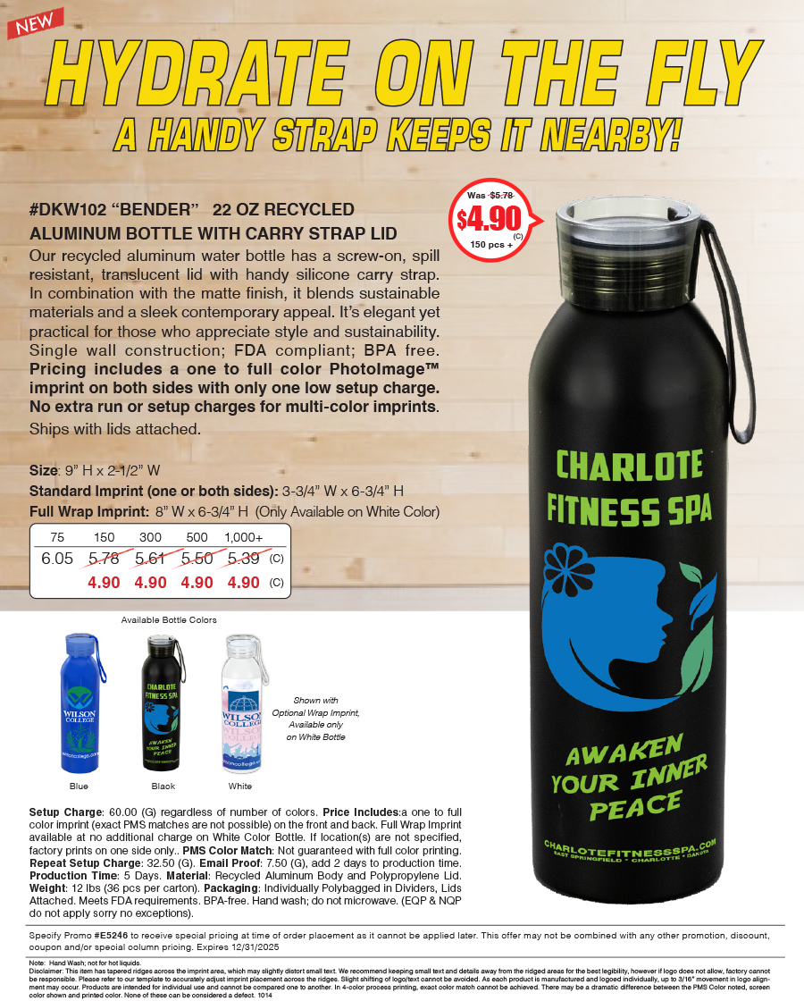 DKW102 BENDER - 22 Oz Recycled Aluminum Bottle with Carry Strap Lid