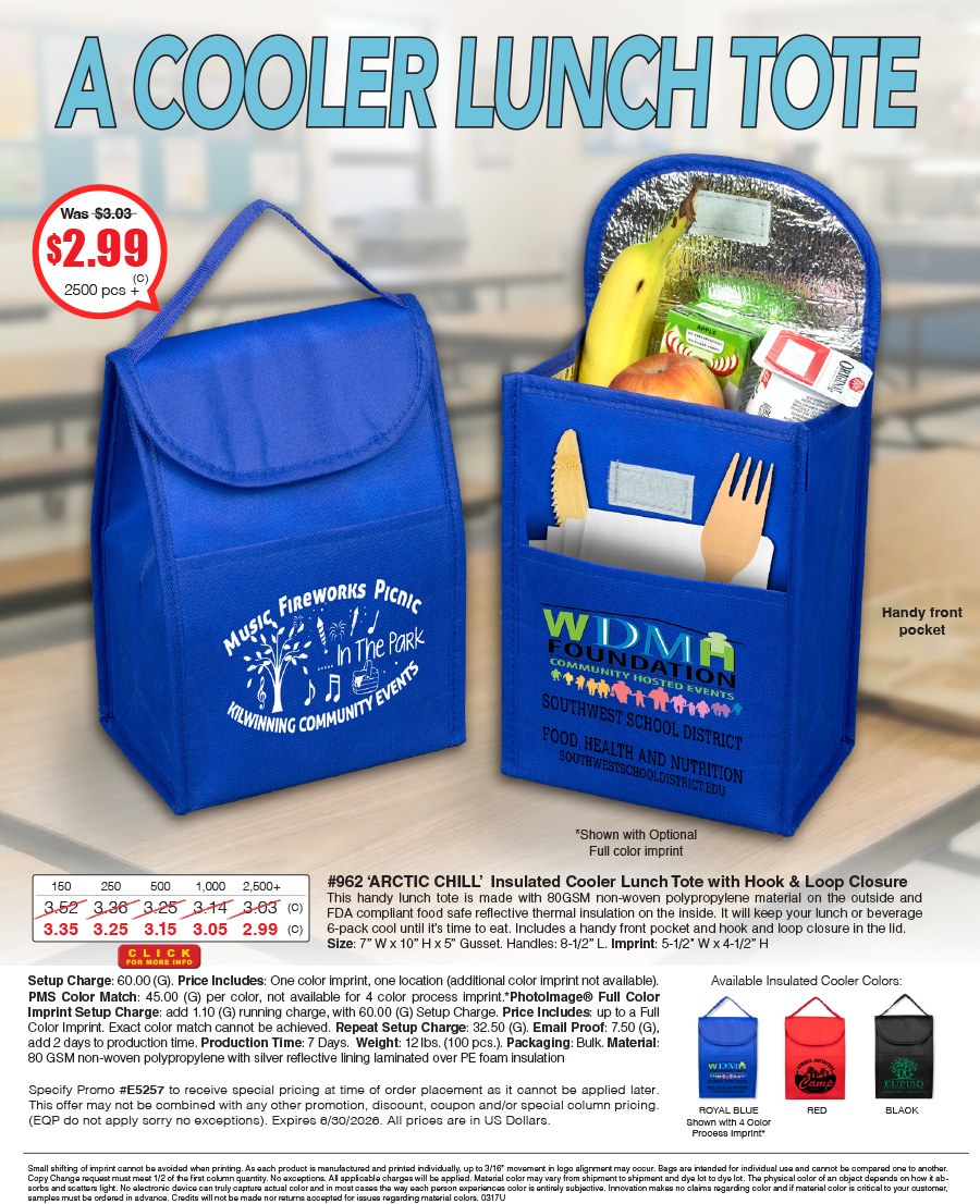 962 ARCTIC Chill - Tall Insulated Cooler Lunch Tote with Hook & Loop Closure