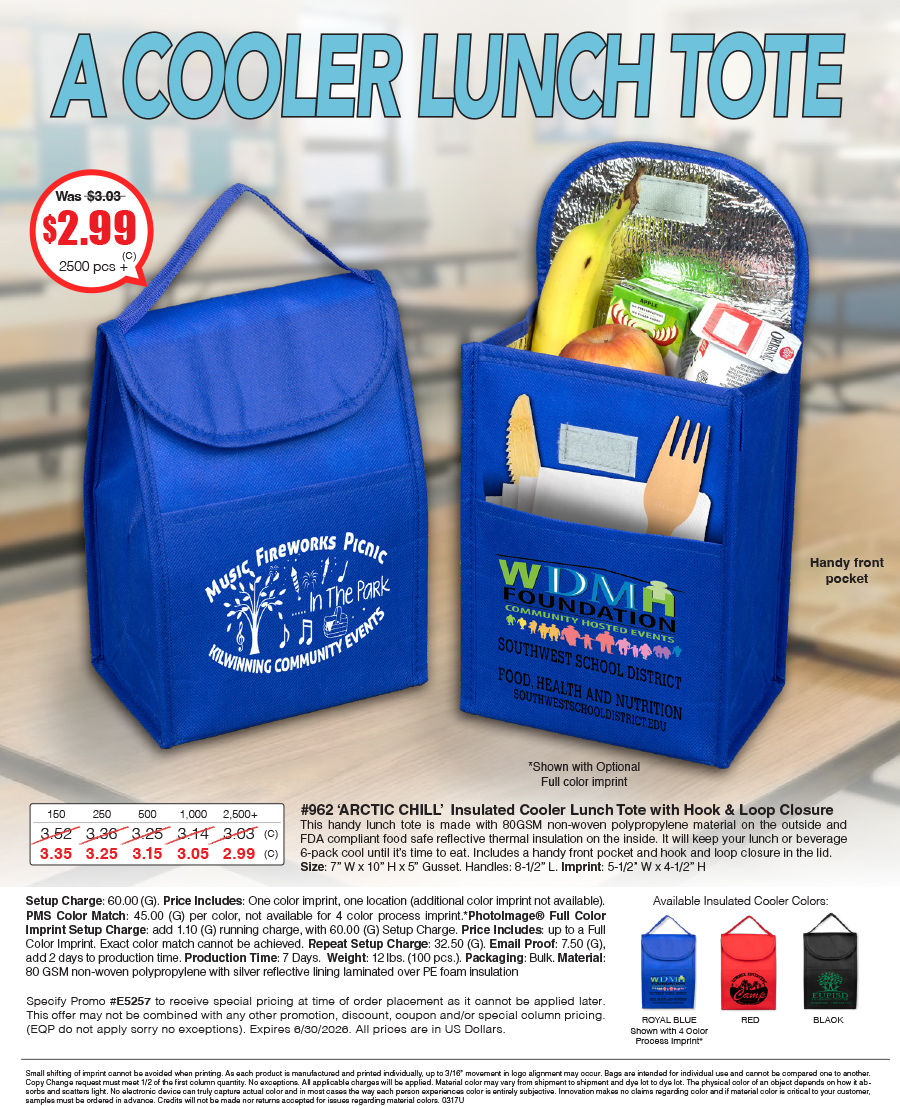 962 ARCTIC Chill - Tall Insulated Cooler Lunch Tote with Hook & Loop Closure