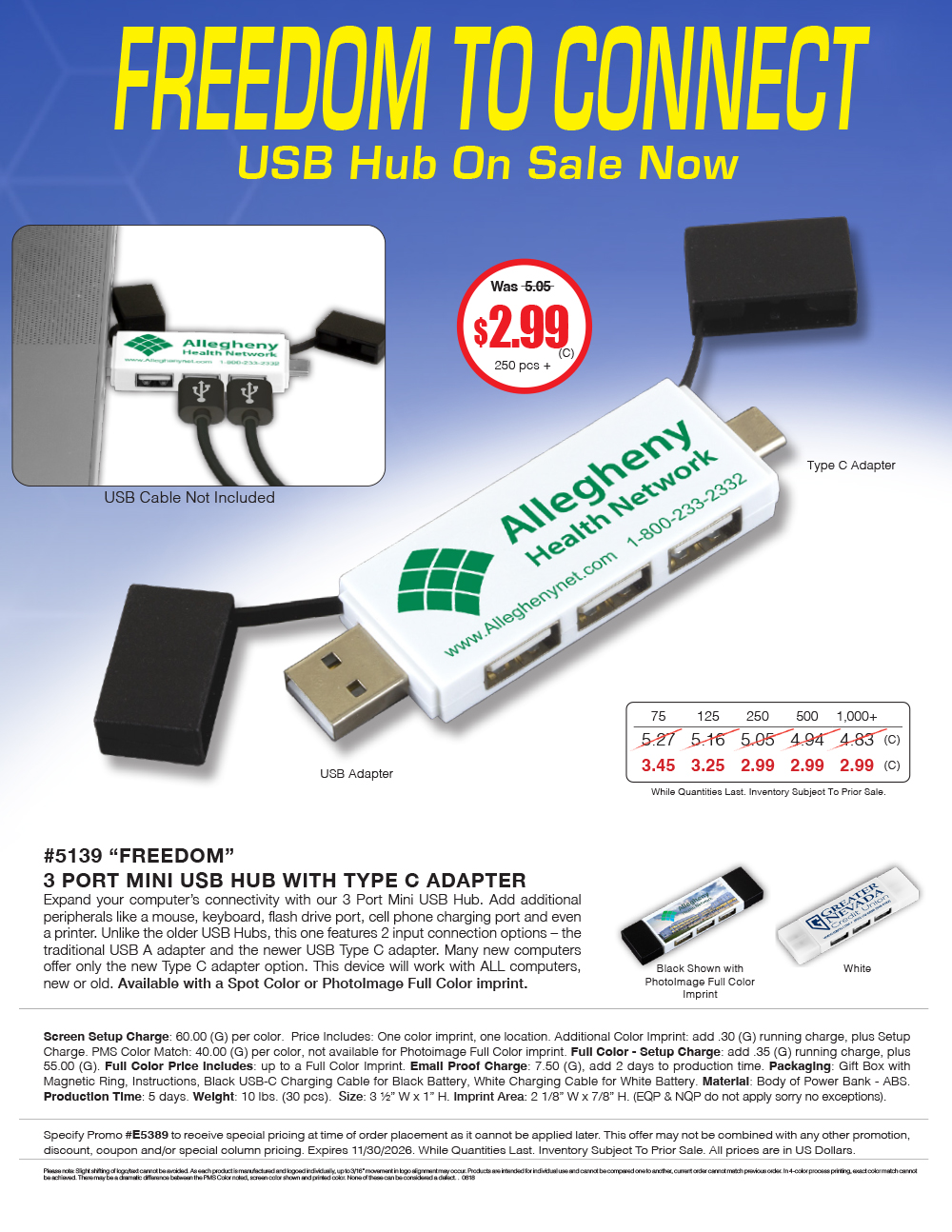 5139 - 3 Port Mini USB Hub with Type C Adapter