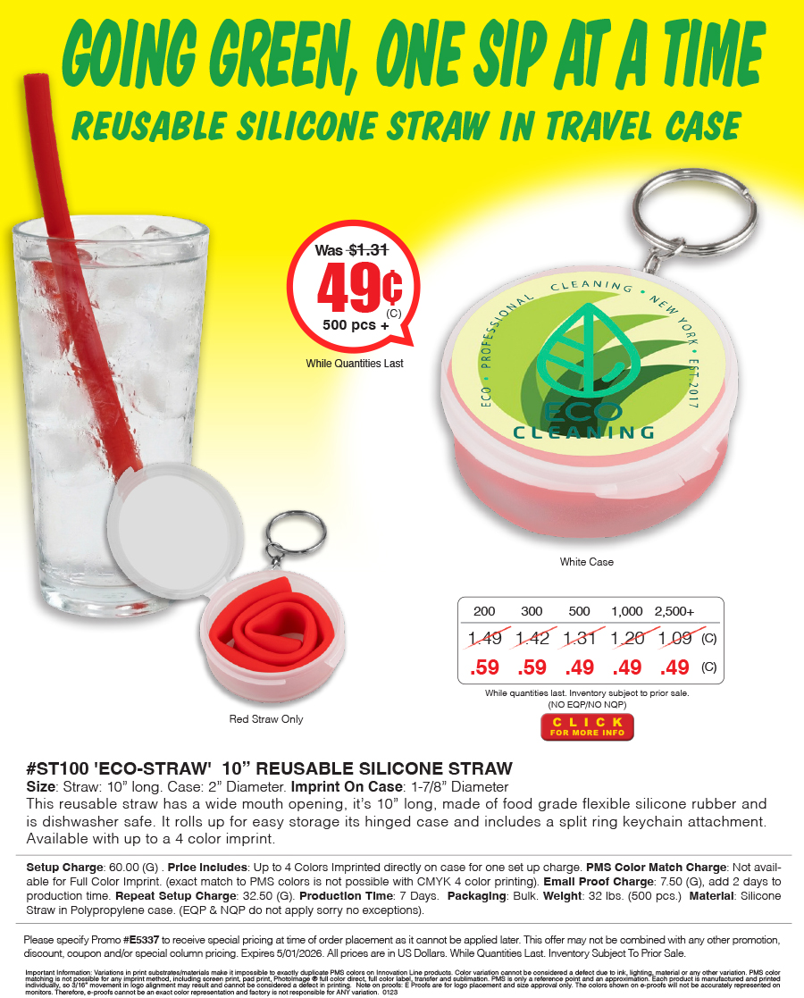 Full Color Imprint ST100 Eco-Straw - 10 inch Reusable Silicone Straw