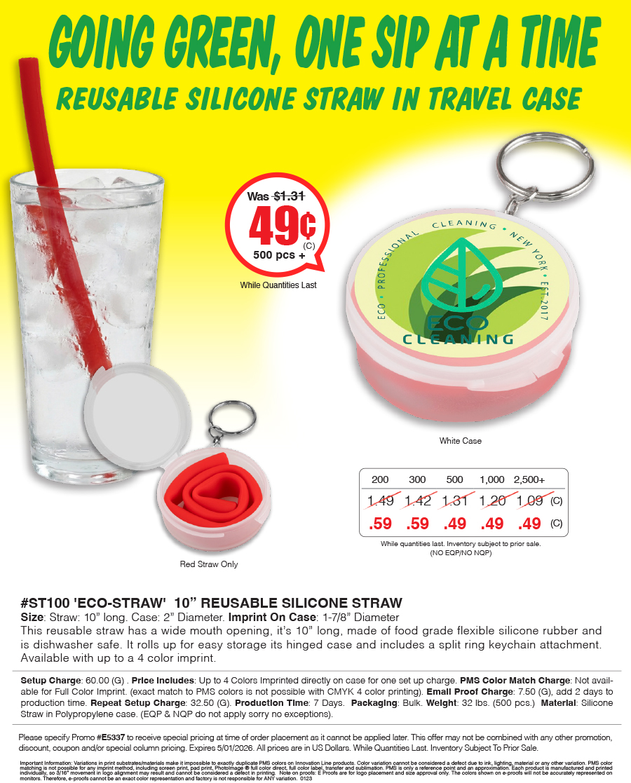 Full Color Imprint ST100 Eco-Straw - 10 inch Reusable Silicone Straw