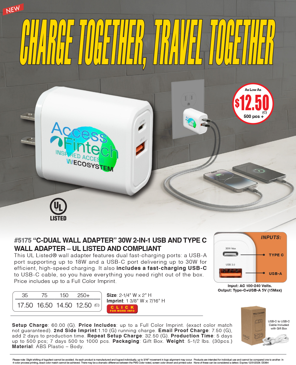 #5175 30W 2-In-1 USB And Type C Wall Adapter   
