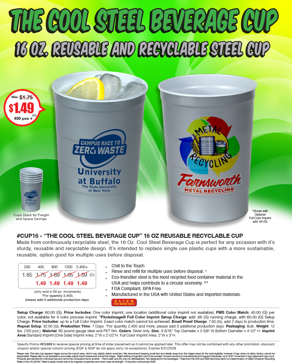 #CUP16 - The Cool Steel Beverage Cup - 16 OZ REUSABLE RECYCLABLE CUP