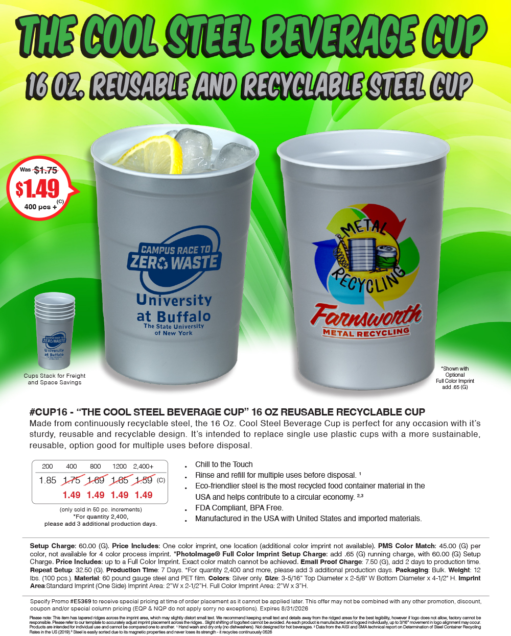 #CUP16 - The Cool Steel Beverage Cup - 16 OZ REUSABLE RECYCLABLE CUP