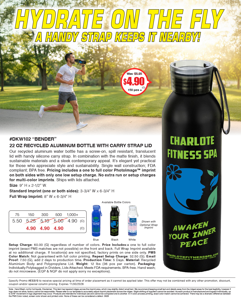 DKW102 BENDER - 22 Oz Recycled Aluminum Bottle with Carry Strap Lid