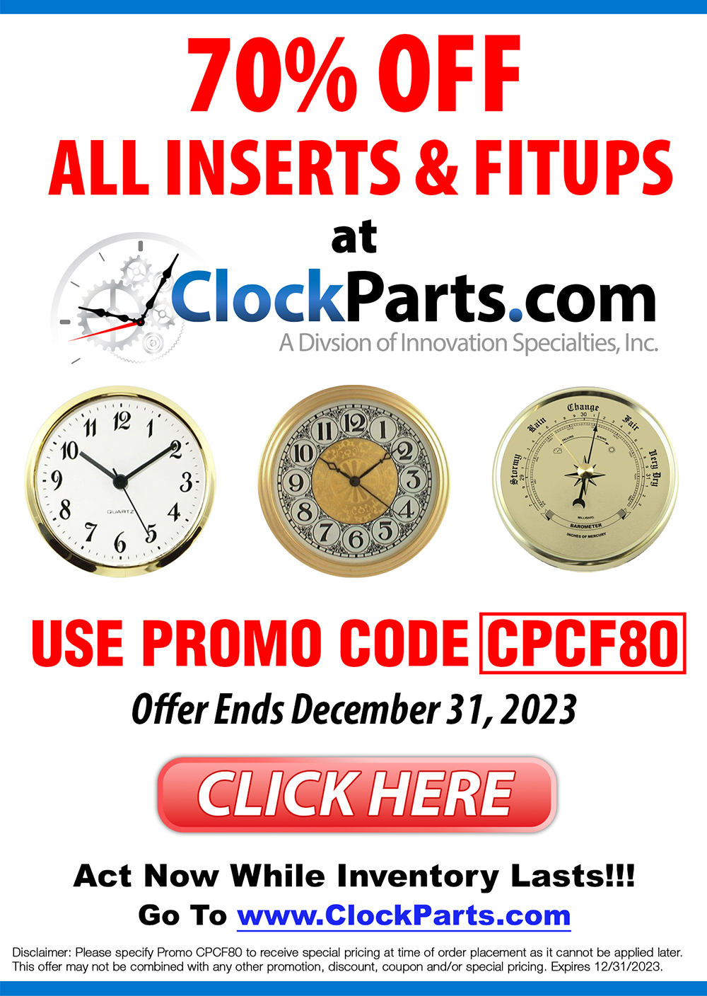 Clock Parts 70% OFF on All Fitups  – Special Savings