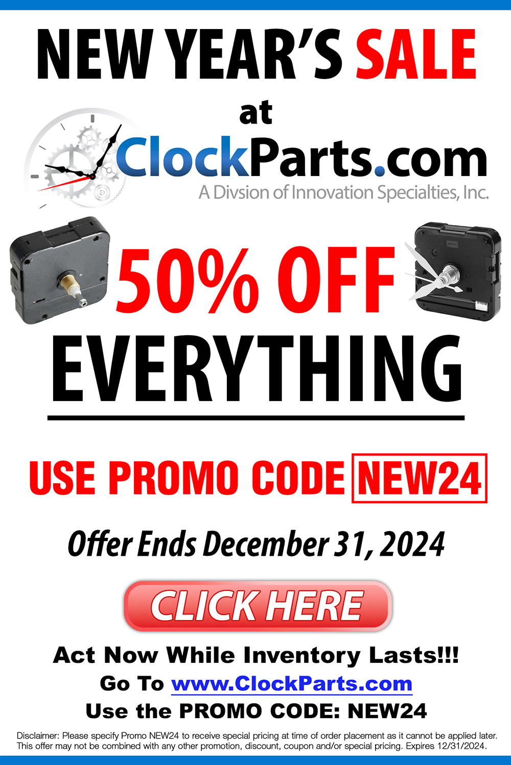 Clock Parts 50% OFF - Offer Lasts Until December 31 – Special Savings