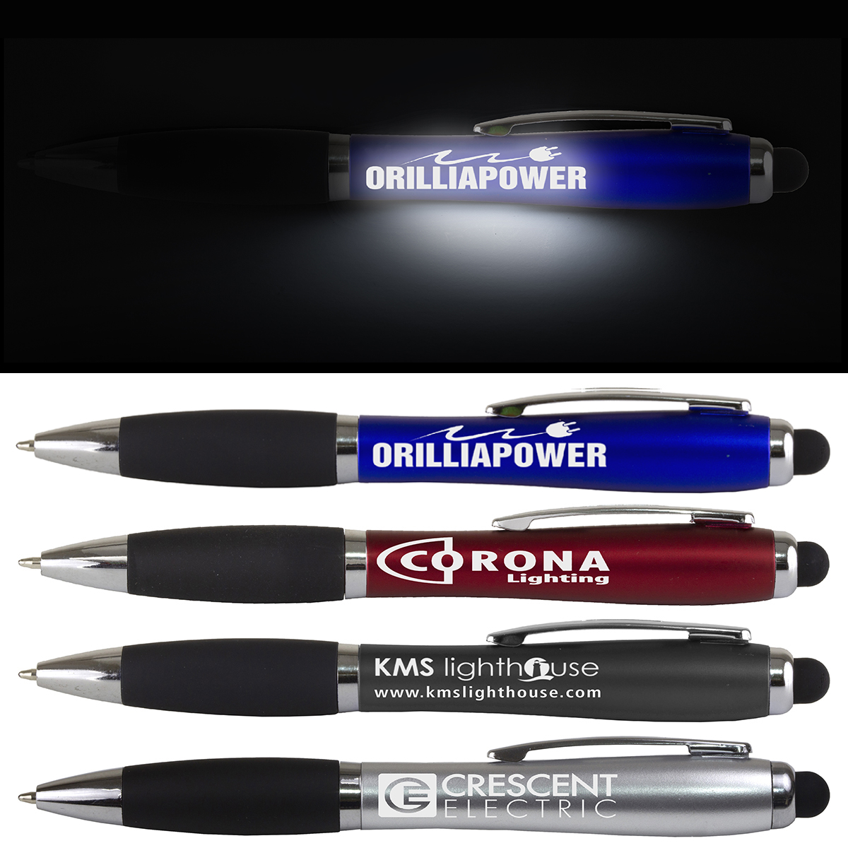 Custom Laser-Engraved Metal Ballpoint Stylus Pens With Illuminated Engraving & Soft Glowing Silicone Grip Stylus Tip Works with All Touchscreen Devices. Available in 5 Colors