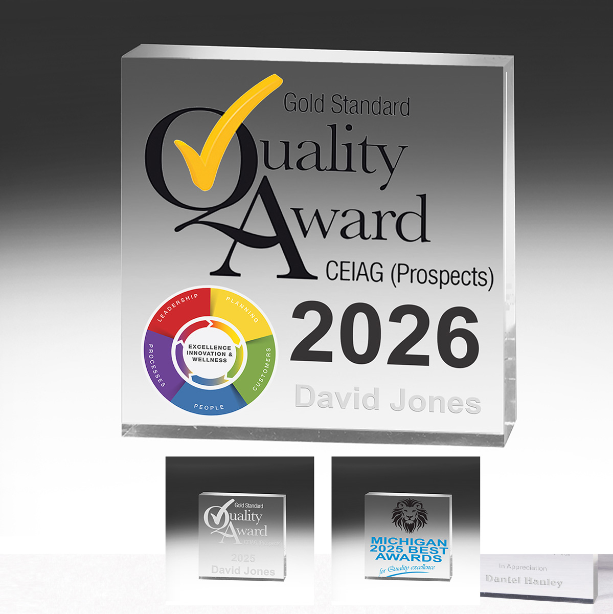 2019S (Screen Print), 2019L (Laser)  – 2 ½” x 2 /12” x ½” Square Mini Acrylic Paperweight