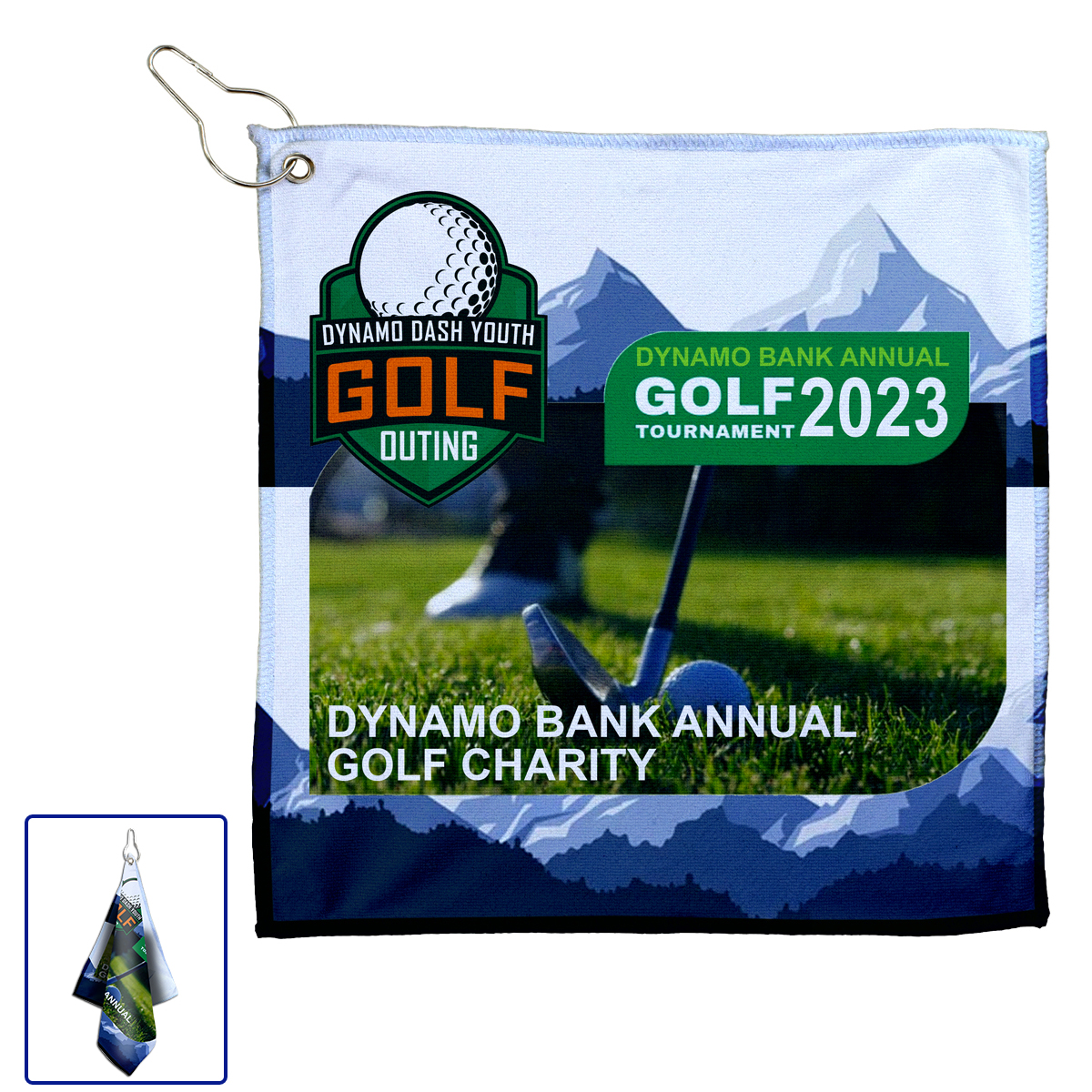 The Full Color Wedge Golf Towel” 12 x 12 300GSM Thickness Full Color Sublimation Microfiber Golf Towel