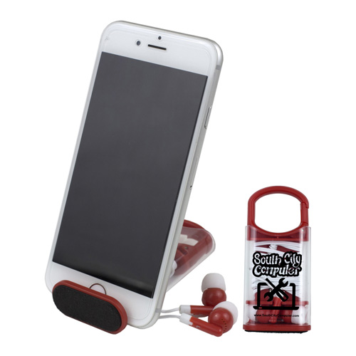 “Excell” Earbud Headphones, Phone Cleaner and Phone Stand in Carabiner Case
