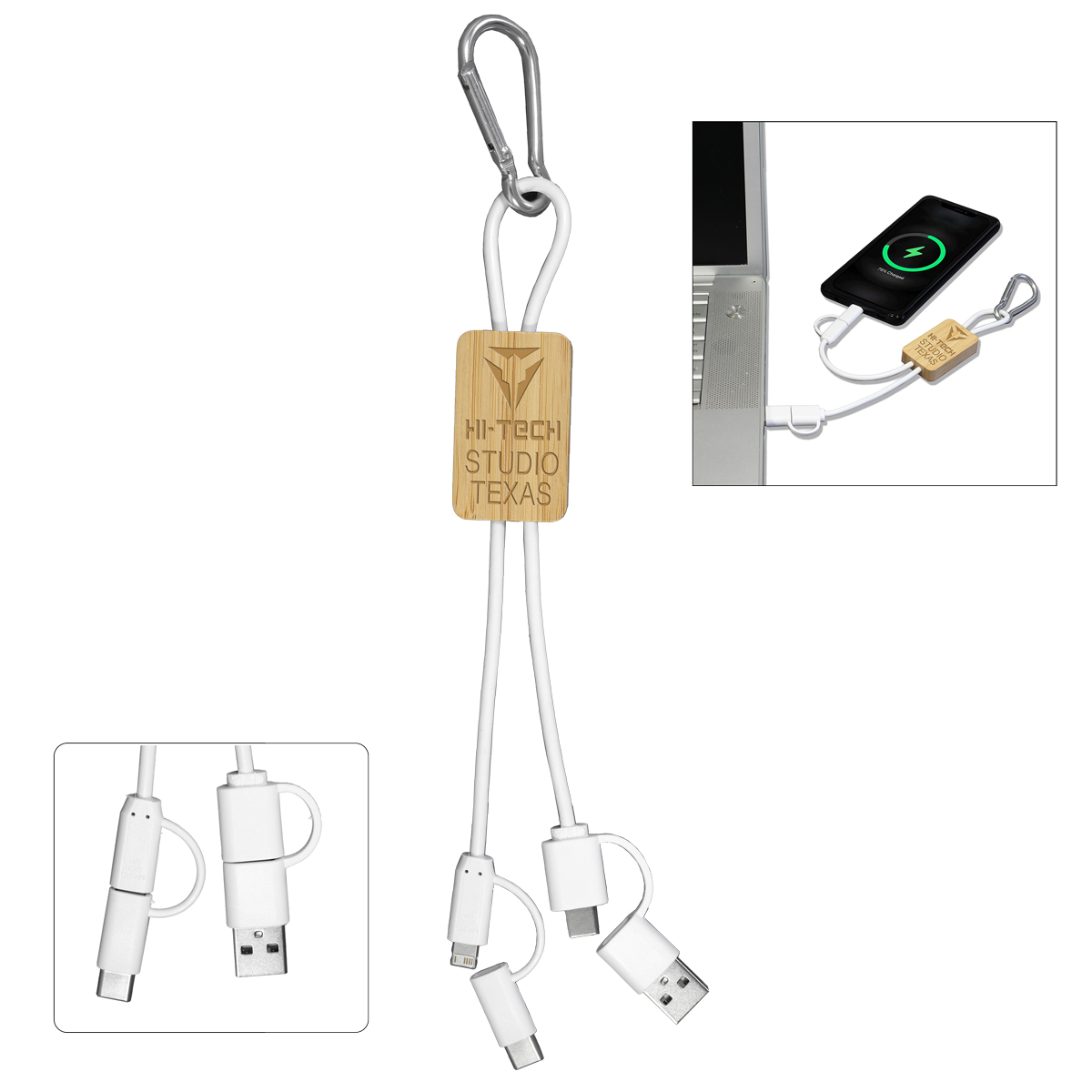 "LISBON" 5-In-1 Bamboo Charging Cable With Type C Input And Output W/Carabiner