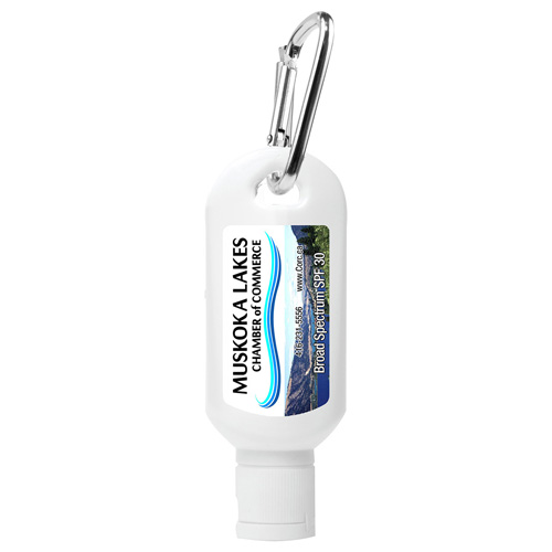 "SUNNY DAY" 1.0 oz Broad Spectrum SPF 30 Sunscreen Lotion in Solid White Carabiner Tottle